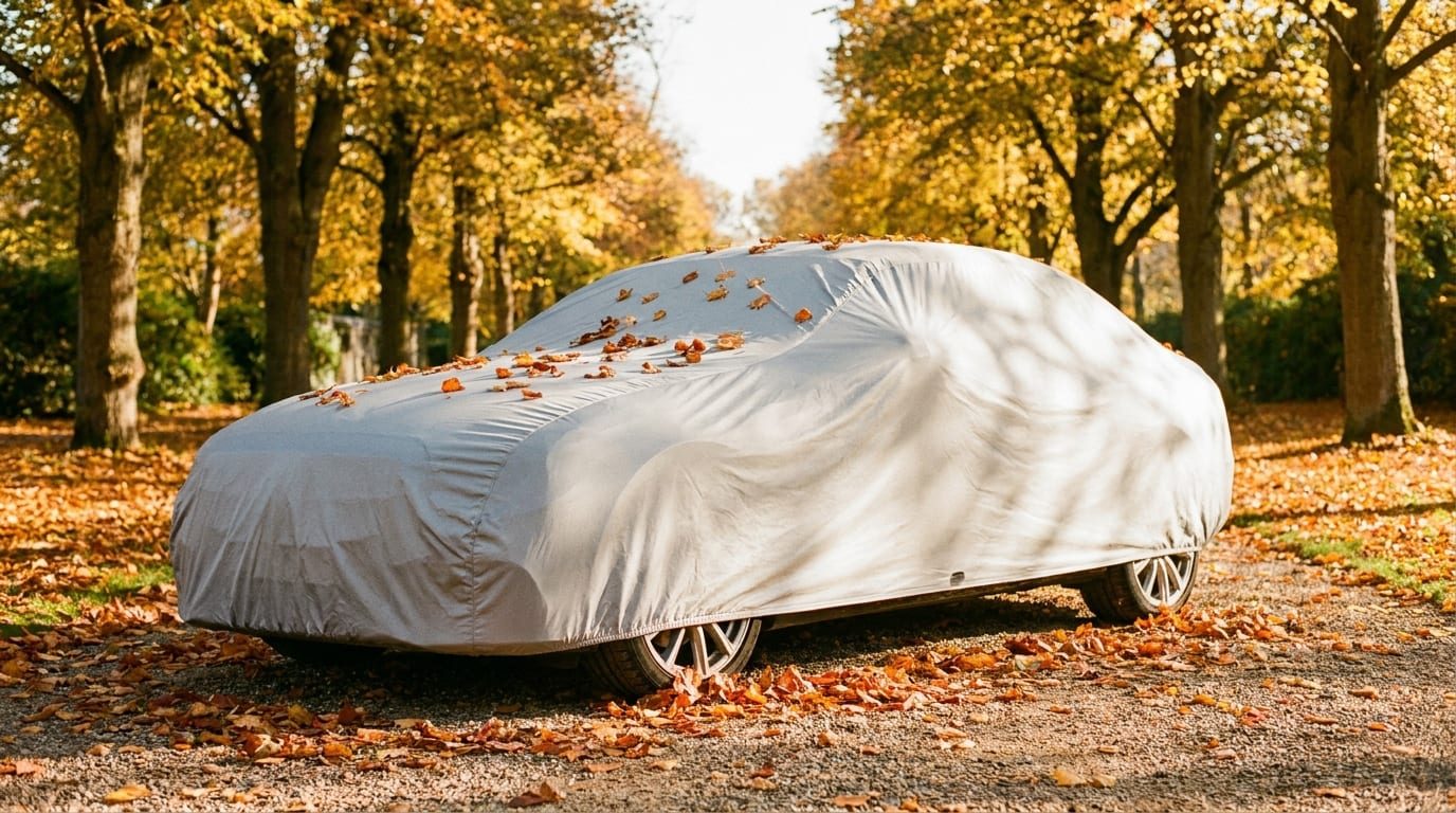 A sedan under a light silver cover on a gravel lane lined with autumn trees, fallen leaves on its roof.