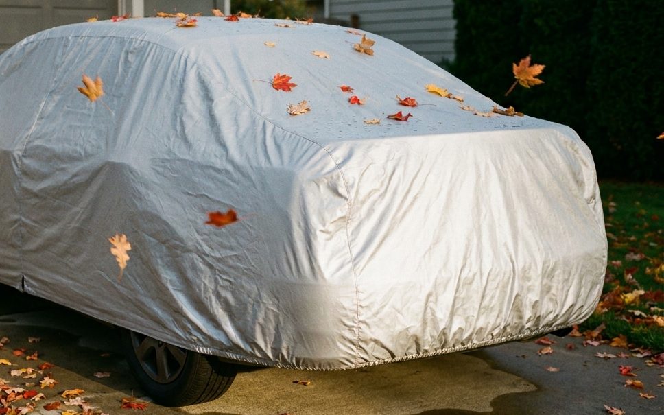 The back of a car under a silver cover on a driveway in low autumn sun, wet leaves settled on the roof and trunk and more blowing past