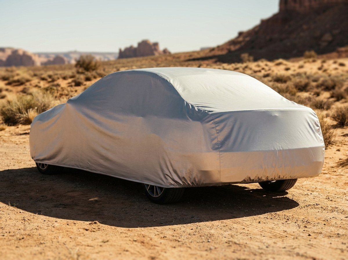 A sedan under a bright silver car cover in the desert, rear three-quarter view, red-rock buttes behind in hard sun