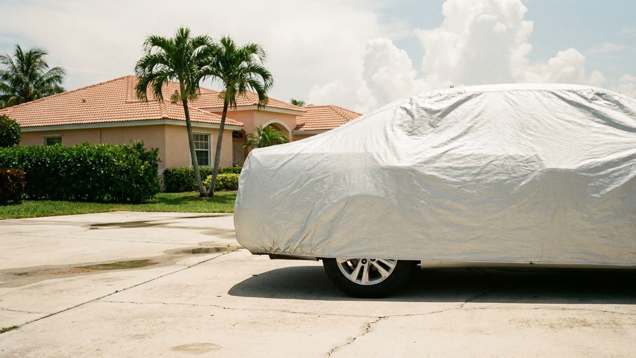 A silver-covered sedan on a sunlit concrete driveway in Florida, palm trees and a pastel stucco house behind, puddles drying from a morning shower