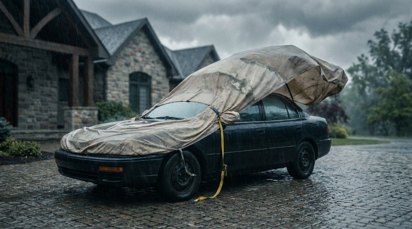 A loose tan tarp flapping half off a dark sedan in heavy wind and rain, its ties slack and a yellow ratchet strap hanging loose down the door, parked on wet cobblestones under a storm-dark sky