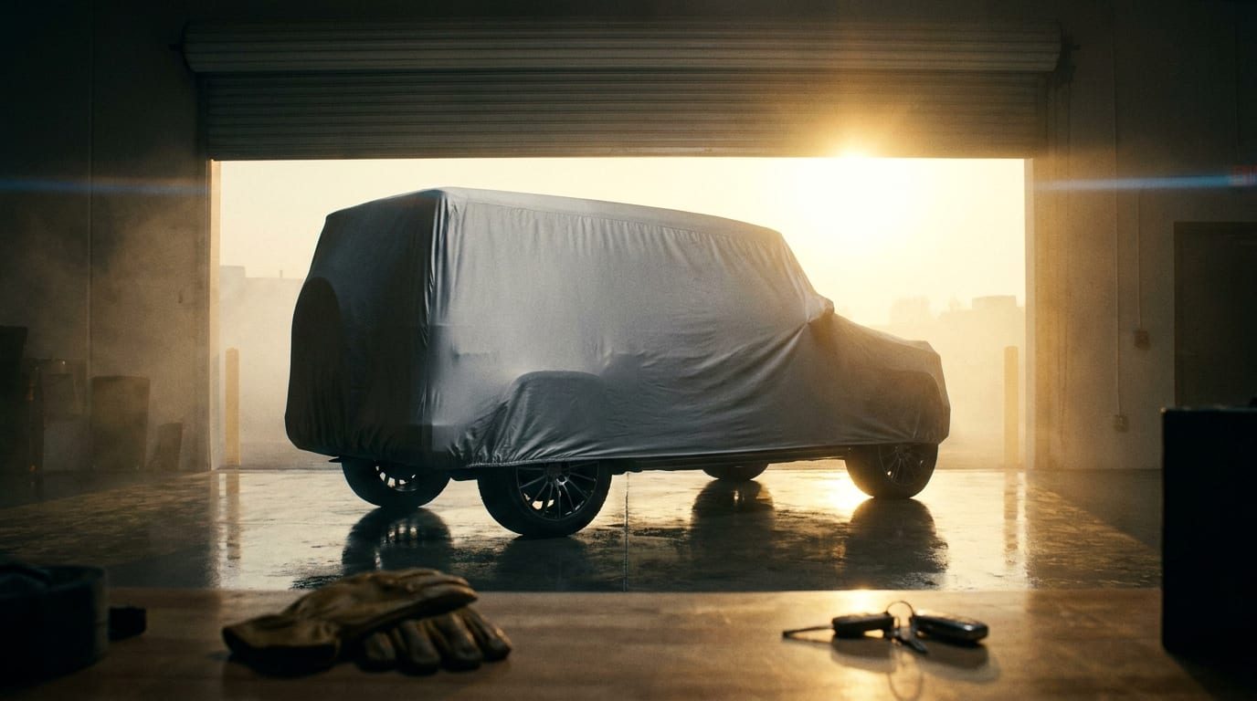 An SUV under a grey car cover in the open door of a garage bay in low sun, with work gloves and keys resting on a bench in the foreground