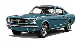 Illustration of a 1965 Ford Mustang fastback in teal blue with a chrome front grille