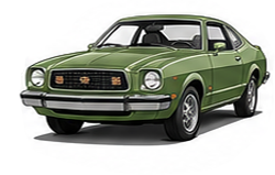 Illustration of a 1974 Ford Mustang II notchback in olive green