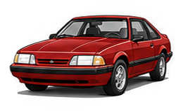 Illustration of a 1990s Ford Mustang Fox Body hatchback in red