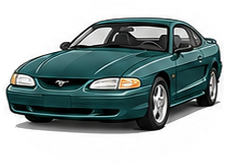 Illustration of a 1990s Ford Mustang SN95 coupe in dark green