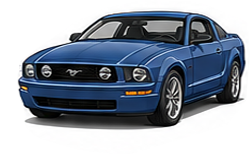 Illustration of a 2005 Ford Mustang S197 coupe in blue with a pony badge grille