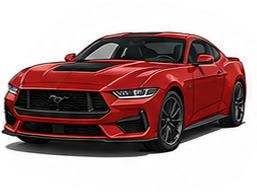 Illustration of a 2024 Ford Mustang S650 coupe in red with a black hood stripe