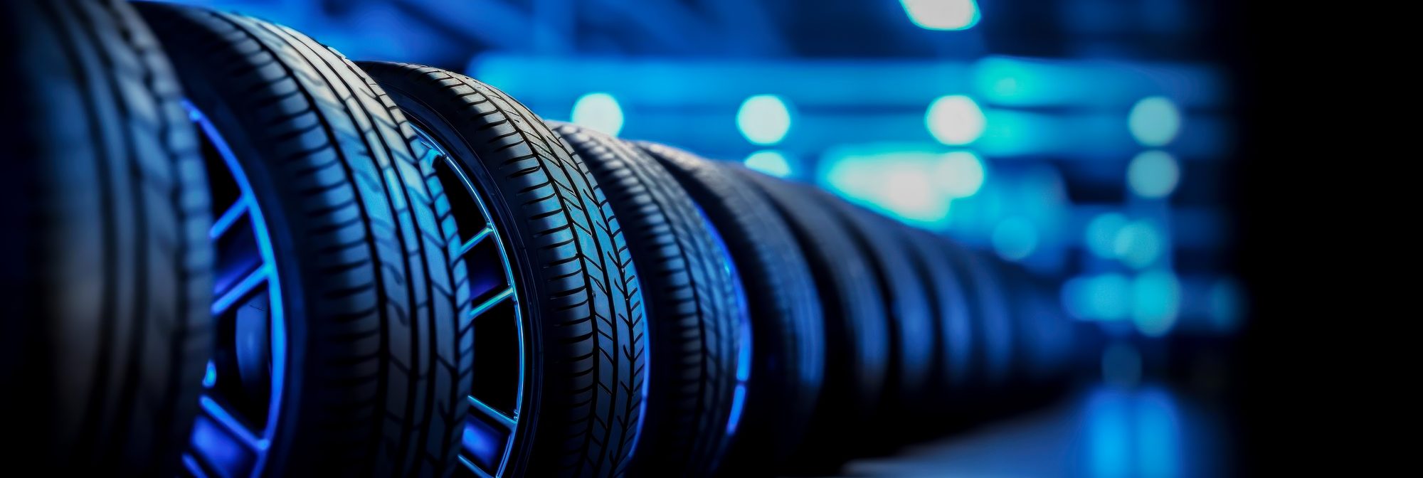 An illustration of a row of new tires mounted on wheels, lined up under blue light, the nearest treads in sharp focus.