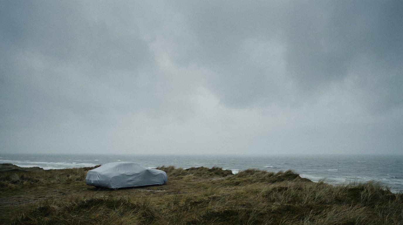 A car under a silver cover parked alone on a grassy coastal bluff above the ocean under an overcast sky