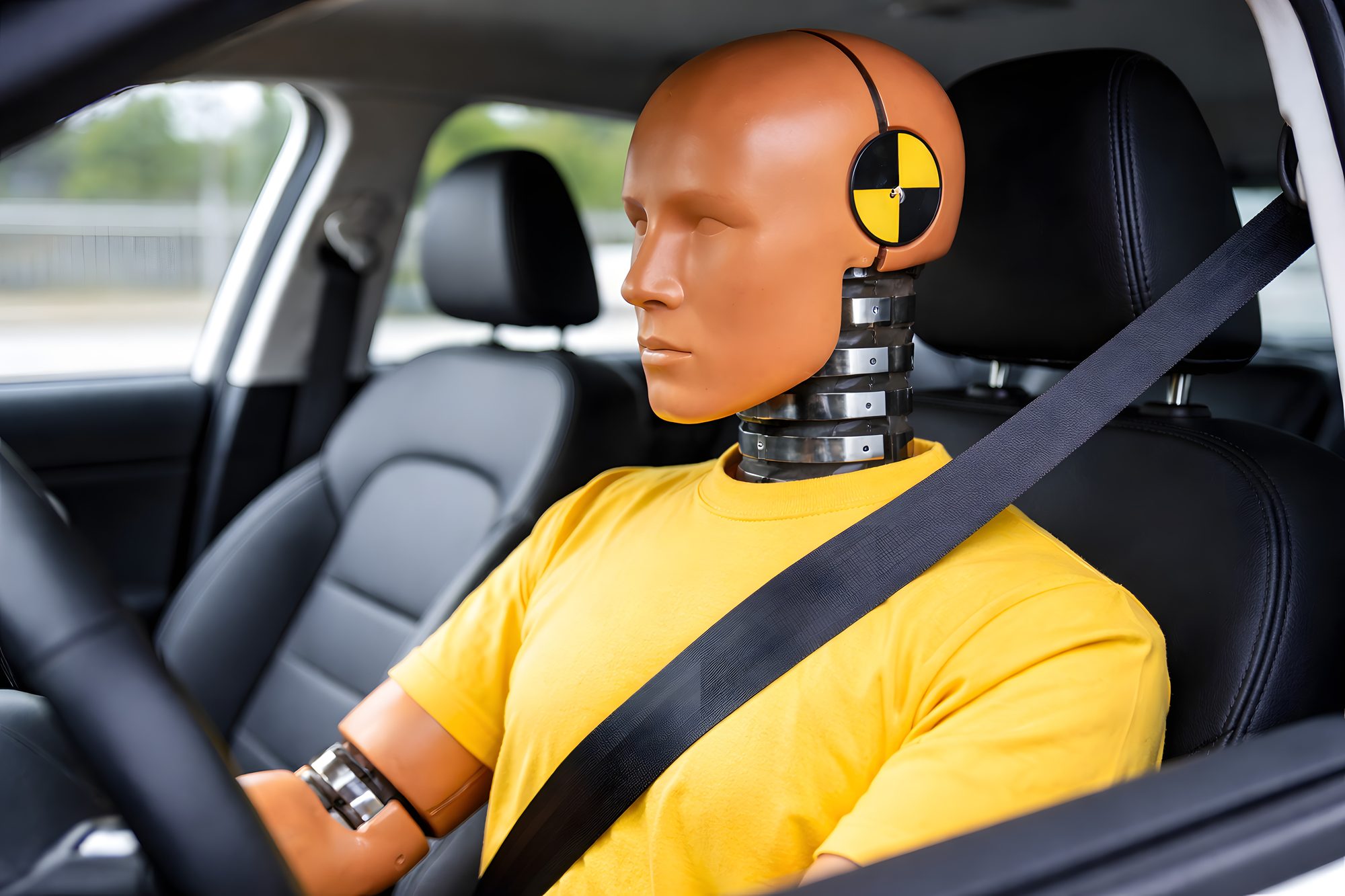 Illustration of a crash test dummy in a yellow t-shirt, belted into the driver's seat of a modern car, a black shoulder belt across its chest.