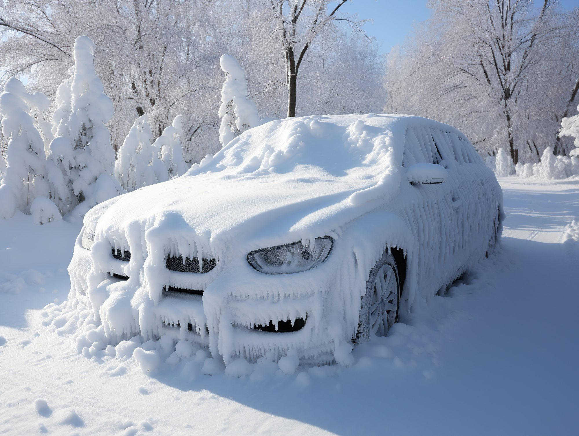 A car encased in thick snow and ice, icicles hanging from its hood, grille and bumper, parked on a snowy lane lined with frost-covered trees