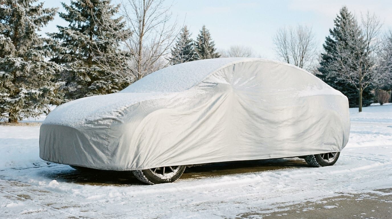 A covered sedan on a snowy driveway
