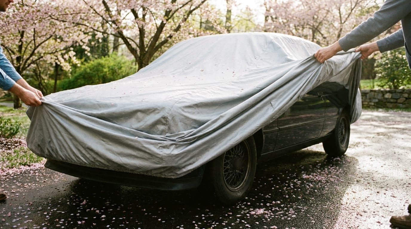 Two people lift a grey car cover off a dark sedan parked under flowering trees, pink petals scattered across the cover and the wet driveway