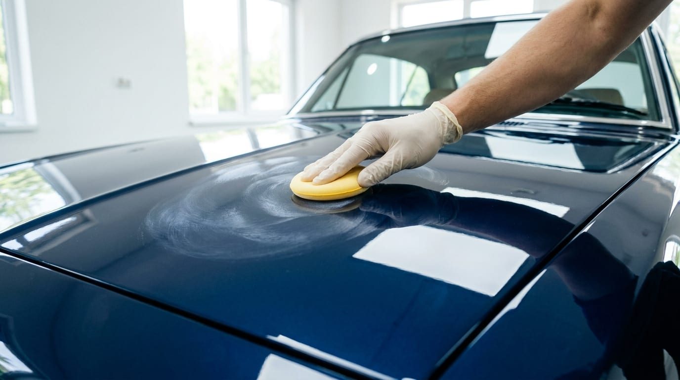 A gloved hand works wax onto the hood of a dark blue car with a yellow foam applicator pad