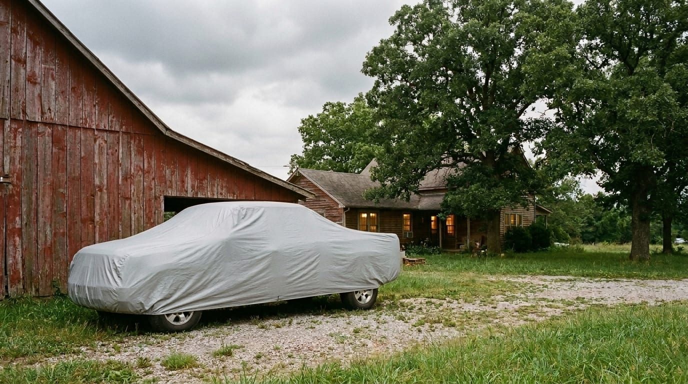 A pickup under a light grey cover parked on a gravel drive beside a red barn, clear of the big shade trees by the house