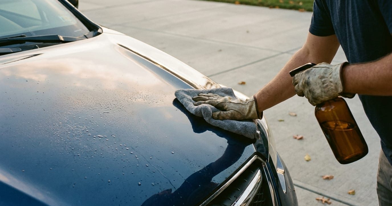 A gloved hand wiping a dark blue car hood with a gray cloth, a spray bottle in the other hand and fallen leaves on the driveway