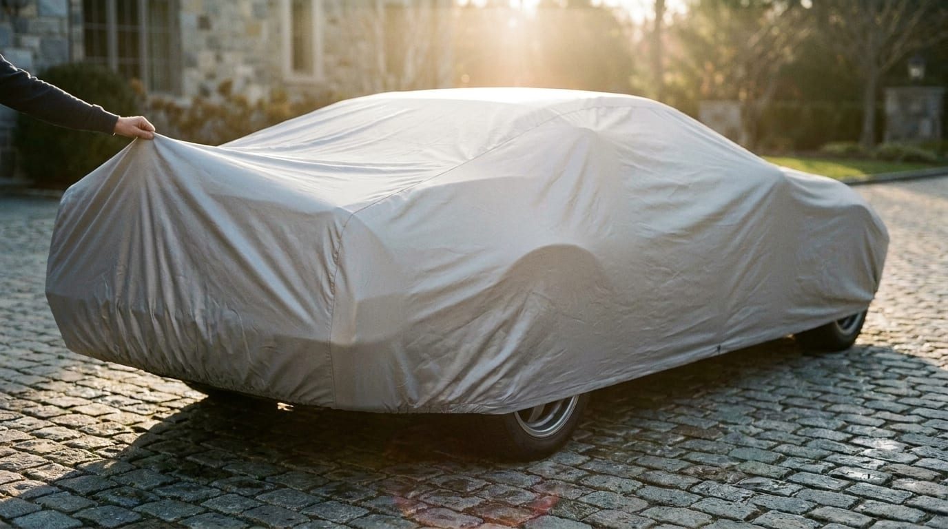 A hand lifts the edge of a bright silver car cover to tuck it in on a cobblestone driveway, with a stone house and morning sun behind