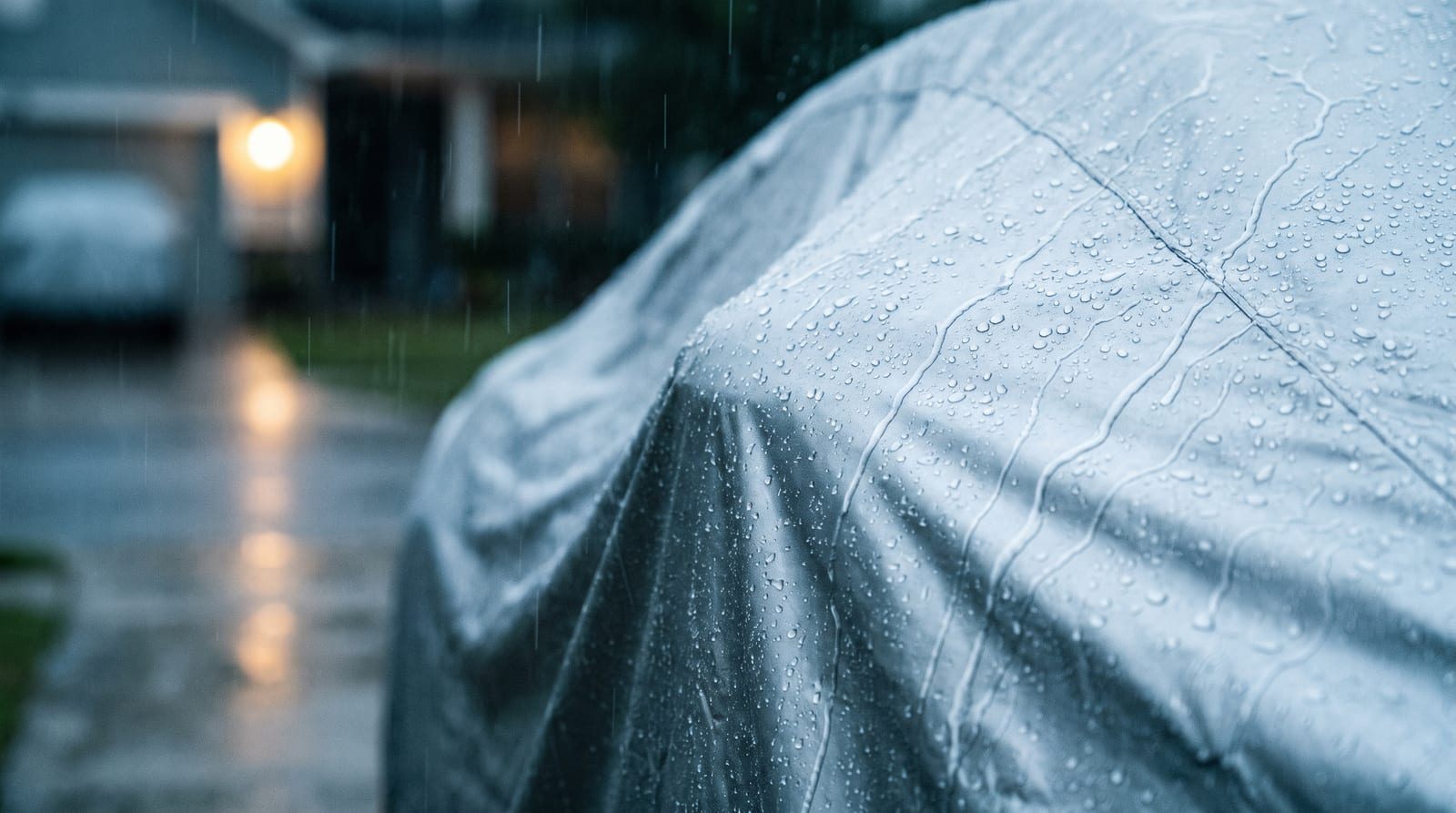 Close-up of a silver car cover in the rain, water beading and running off the fabric, with a wet driveway and a house blurred behind