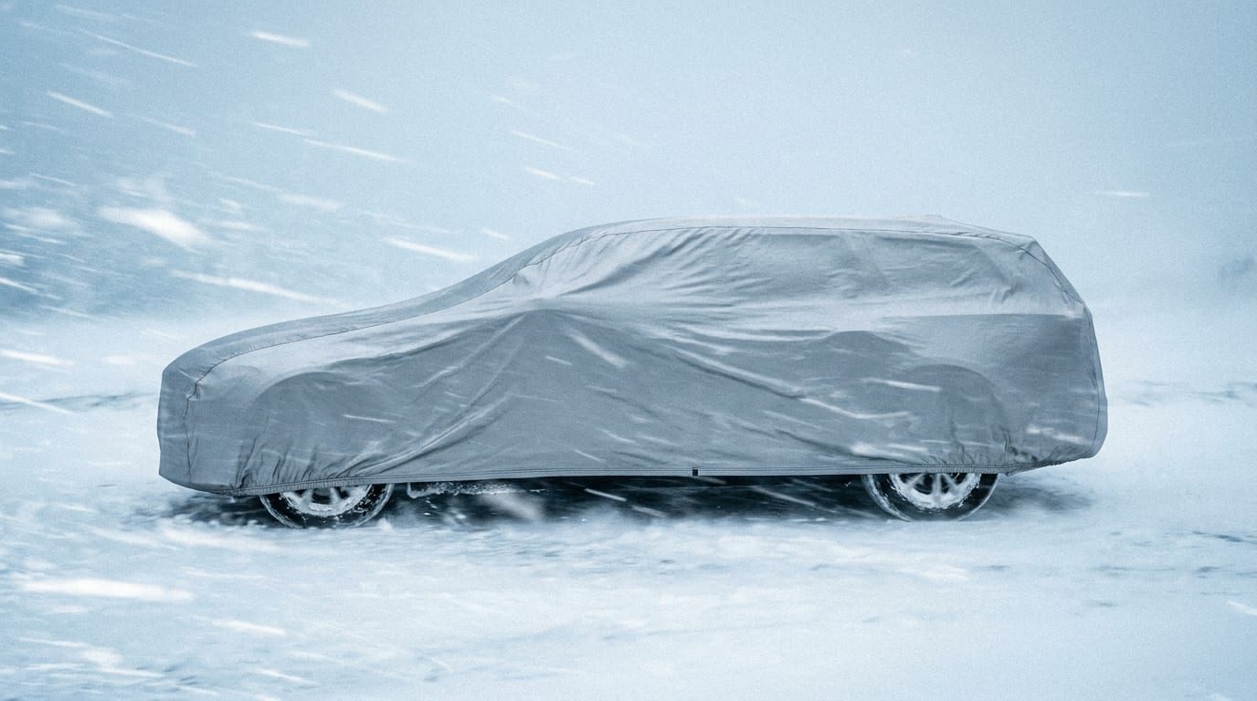 A wagon under a grey outdoor cover, parked on a snowy lot in blowing snow