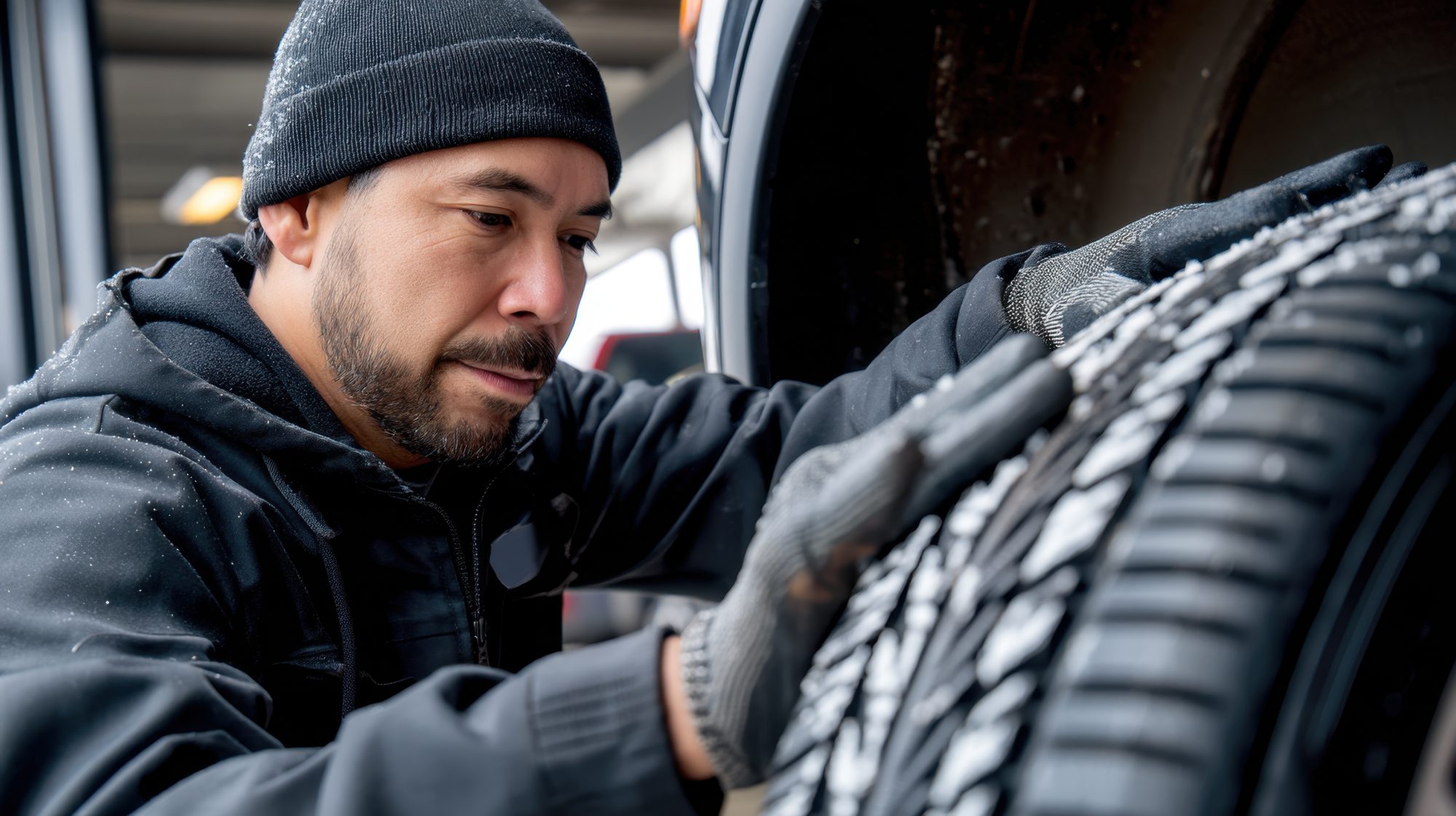 A man in a black beanie and work gloves runs his hands over the tread of a tire on a vehicle, snow flecks on his jacket