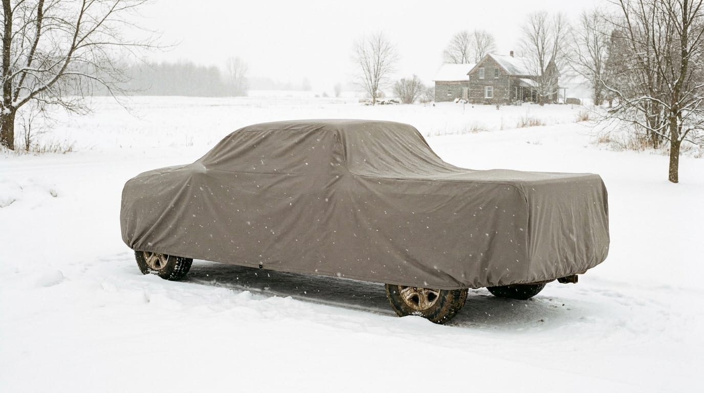 A pickup truck under a taupe car cover, parked in deep snow as flakes fall, with bare trees and a farmhouse behind