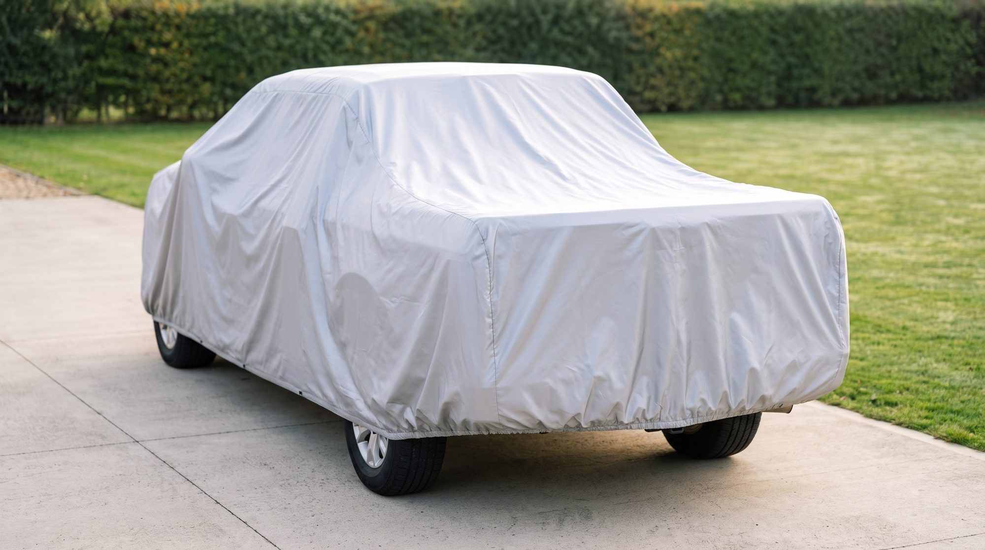 A pickup truck parked on a concrete driveway, seen from the rear three-quarter, under a fitted silver-grey cover with the hem drawn in under the bumper