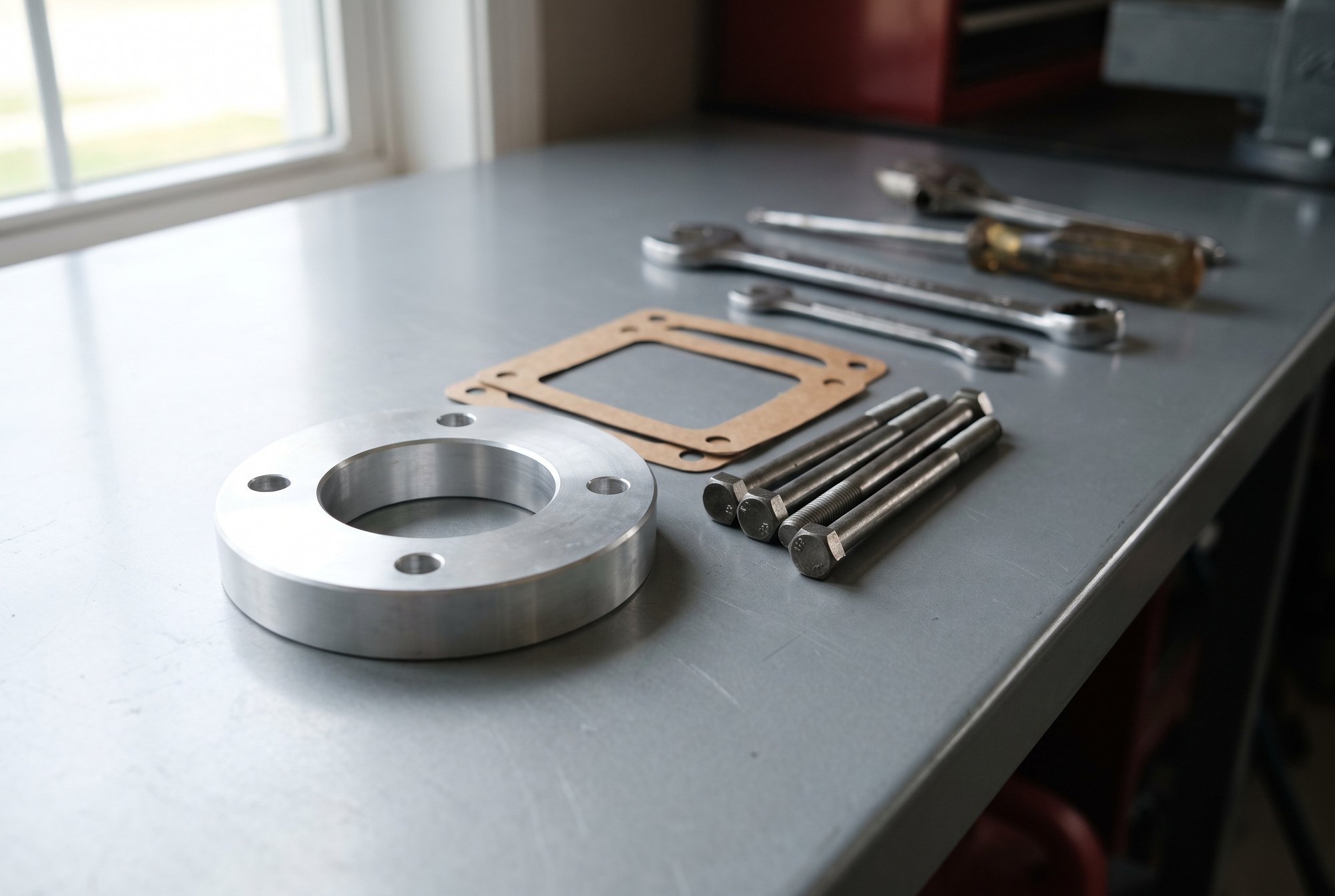 A machined aluminum throttle body spacer on a garage workbench, beside two paper gaskets, four long bolts and a few wrenches