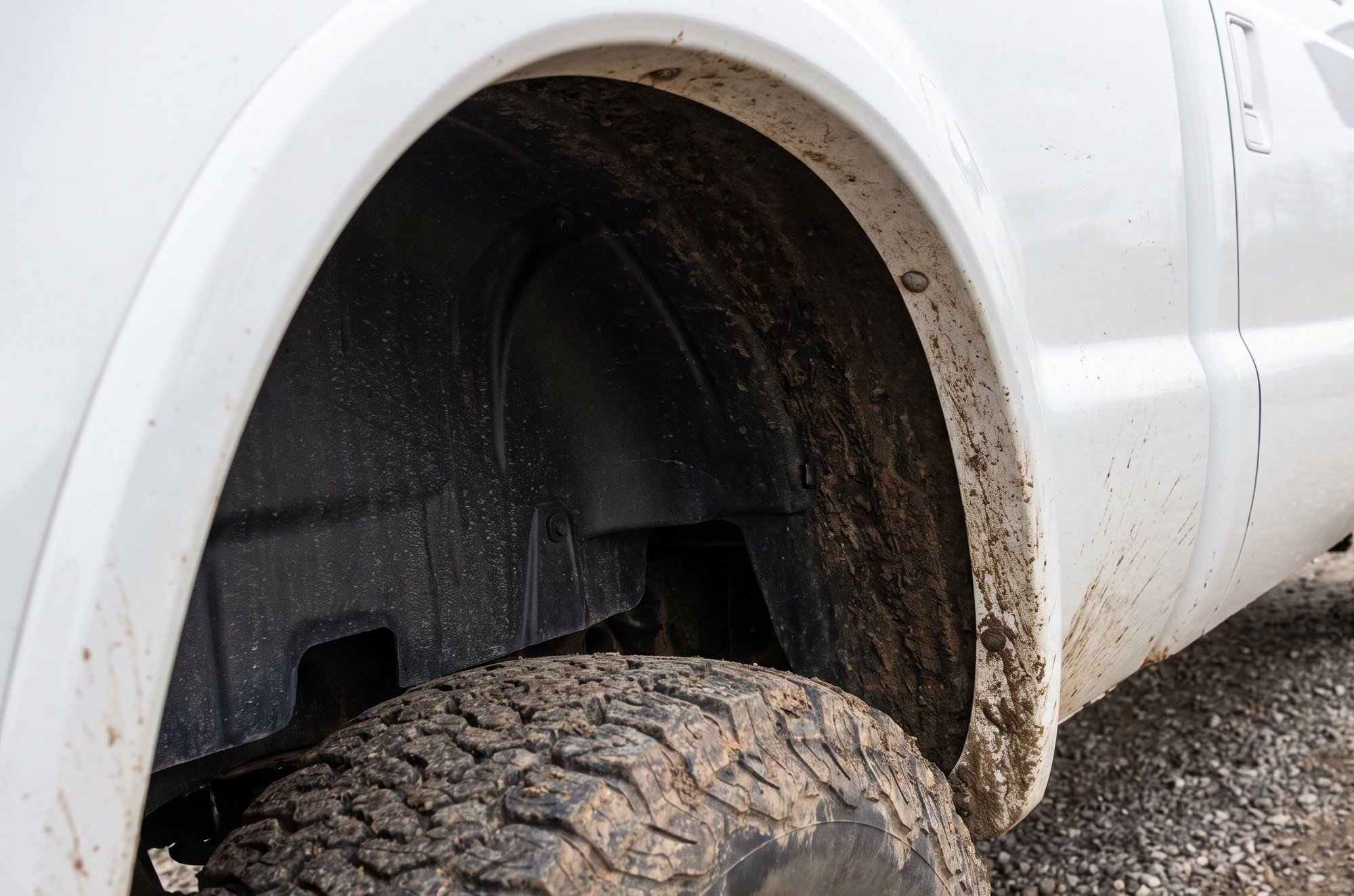 The rear wheel arch of a muddy white pickup, with a black plastic liner fitted inside the arch above an all-terrain tire
