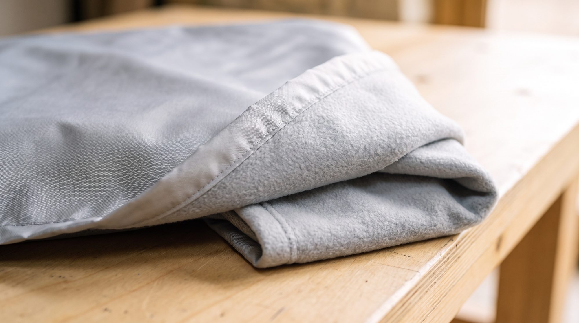 A corner of a silver car cover folded back on a wooden workbench to show the soft light grey fleece liner under the outer fabric