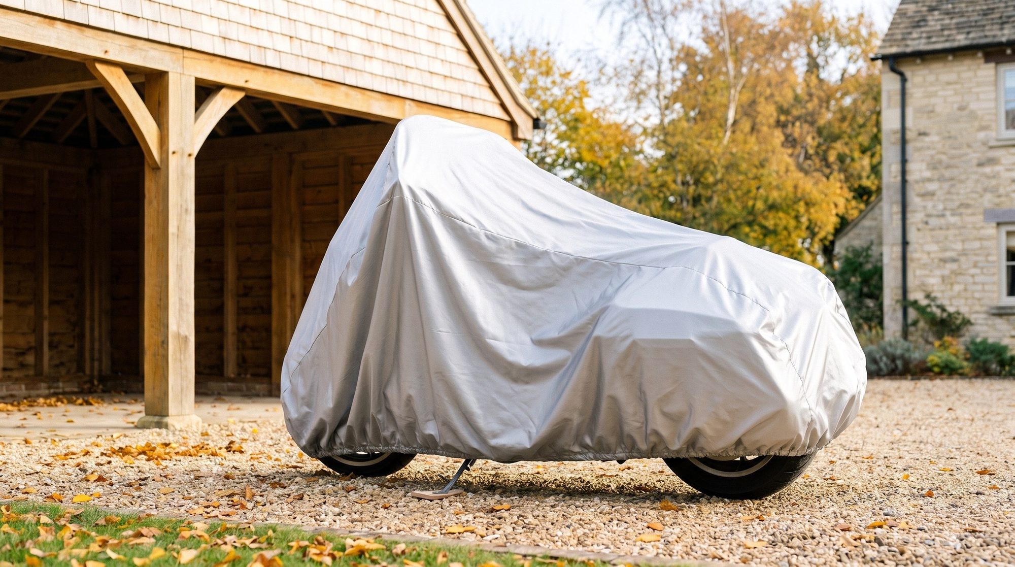 A motorcycle under a silver cover on its side stand on a gravel drive beside a timber carport, autumn trees and a stone house behind