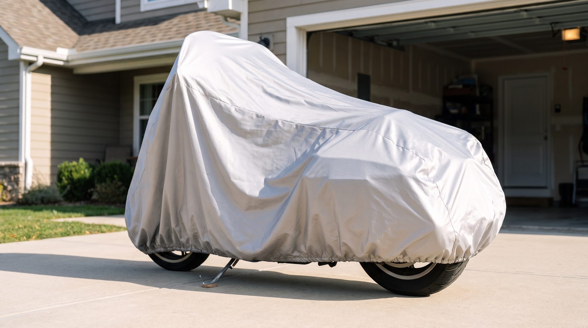 A large touring motorcycle under a silver cover, on its side stand on a concrete driveway in front of an open garage