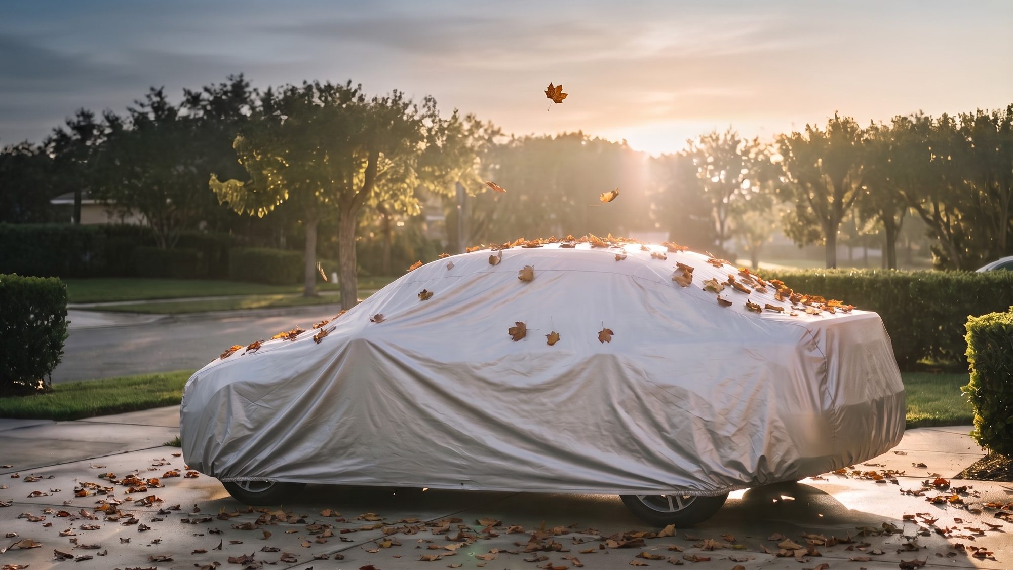 A silver cover on a compact sedan in a driveway at sunrise, with autumn leaves resting on the roof and scattered across the concrete