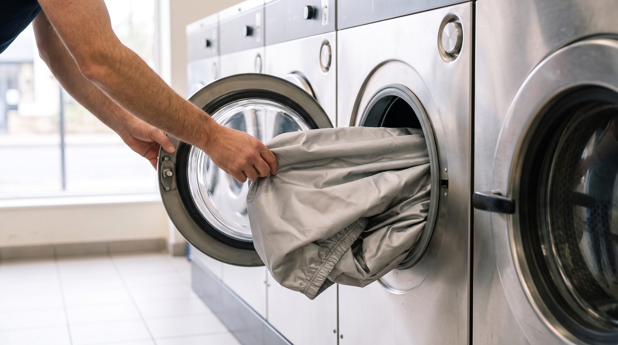 In a laundromat, one hand holds a front-loading washer door open while the other feeds a grey car cover with an elastic hem into the drum