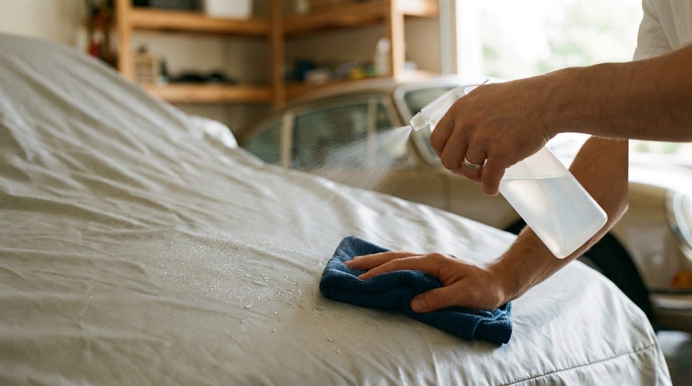 A hand in a home garage wipes a grey car cover with a blue cloth while spraying it from a clear, unlabelled bottle