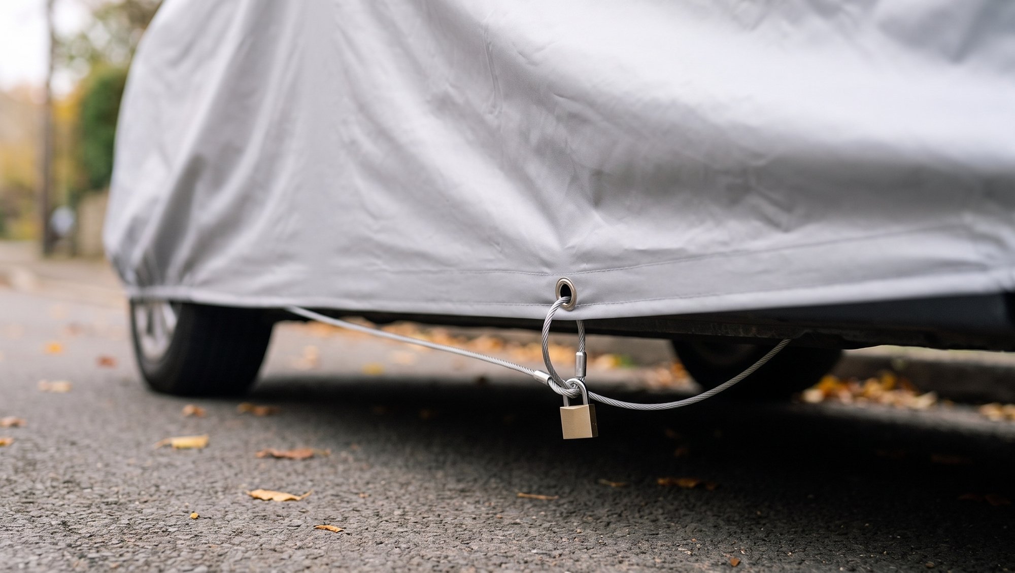 Close view of the lower hem of a silver fitted car cover on a street, a metal-ringed grommet at the hem with a thin steel cable and a small padlock threaded through it