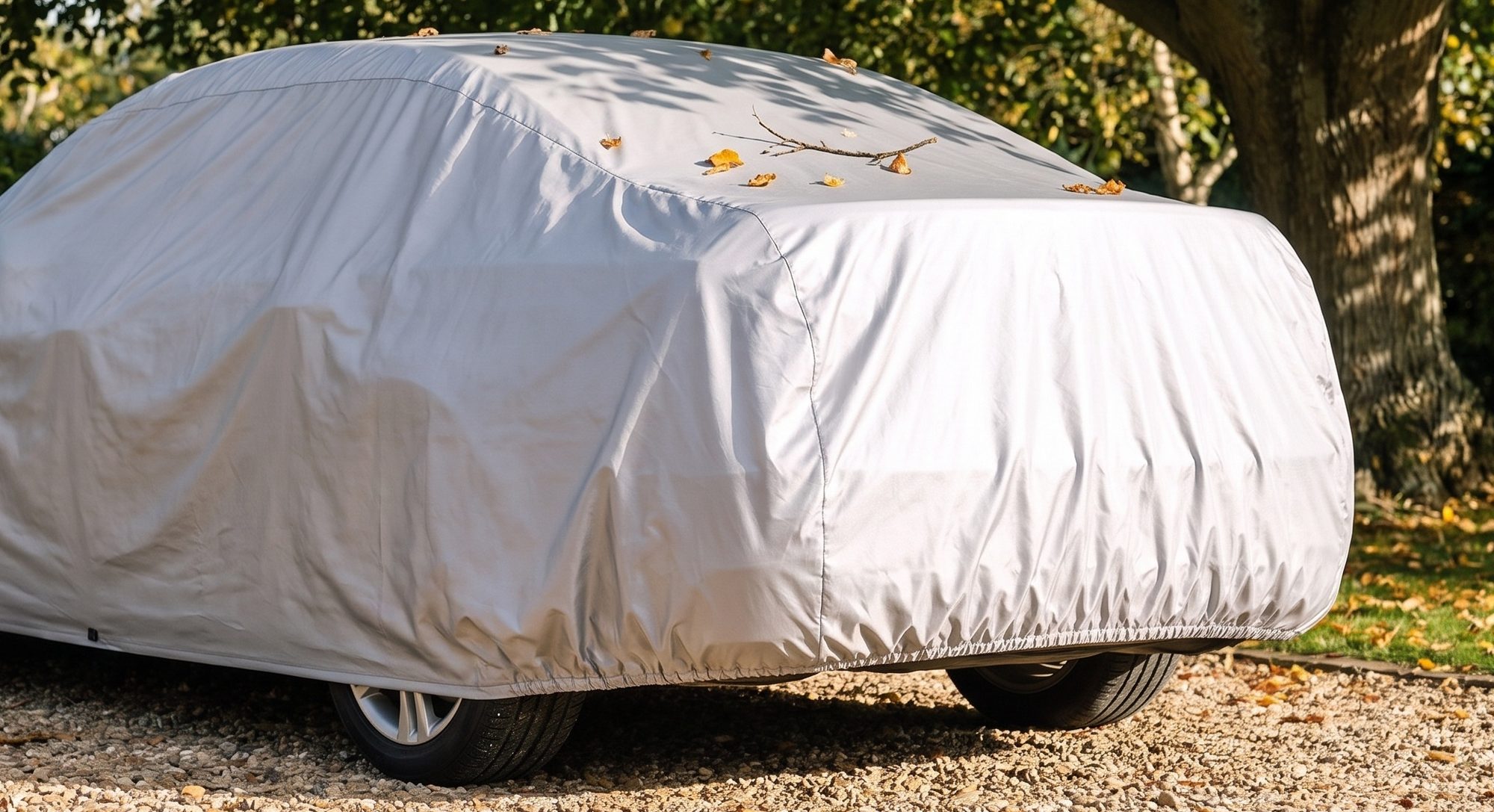 A sedan under a fitted silver cover on a gravel drive beneath a leafy tree, with a few leaves and a twig resting on the cover and the elastic hem drawn in under the rear bumper