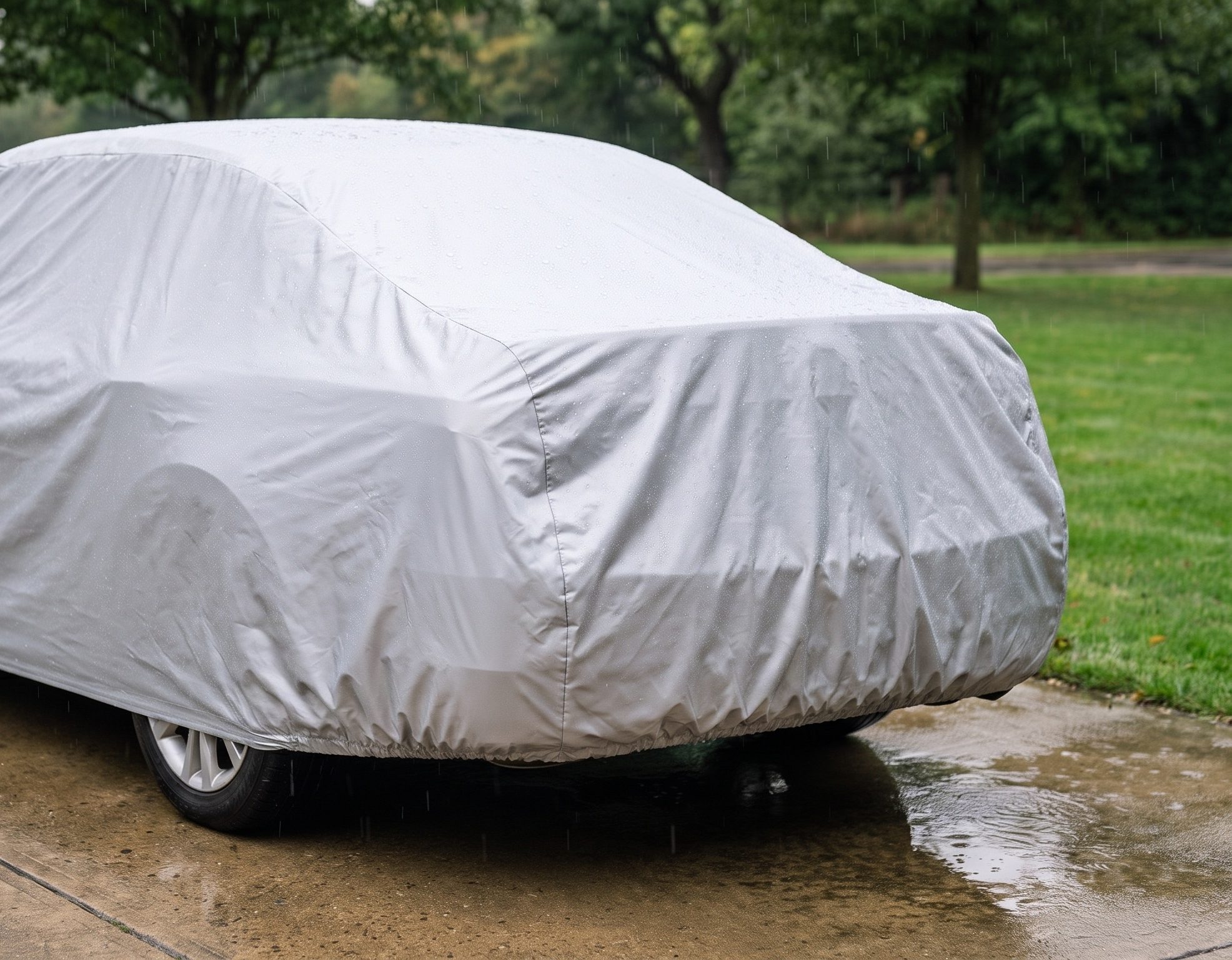 The rear of a sedan under a fitted silver cover in light rain, the elastic hem drawn in under the bumper, a wet driveway and lawn behind