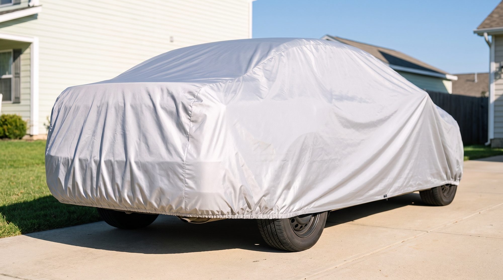 A sedan under a fitted silver cover on a sunny concrete driveway, seen from behind, the hem drawn in under the bumper