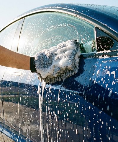 Washing a car with a soapy microfiber mitt