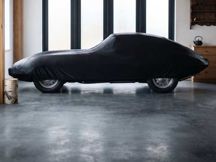 Classic car under a black indoor cover in a garage