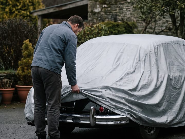 Owner pulling a silver outdoor cover over a classic car
