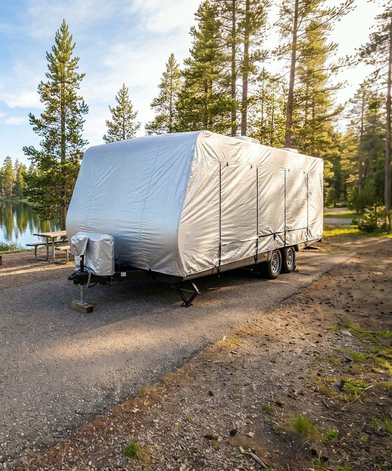 A travel trailer under a fitted silver cover at a lakeside campsite