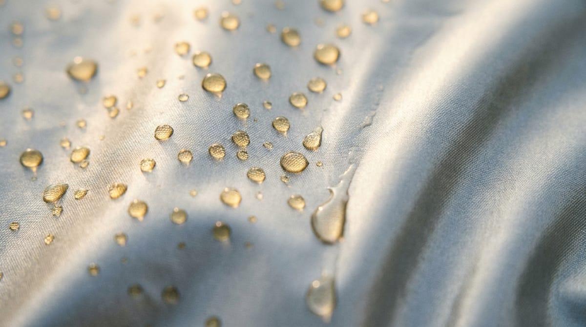 Dew drops beaded on a silver car cover in low morning sun