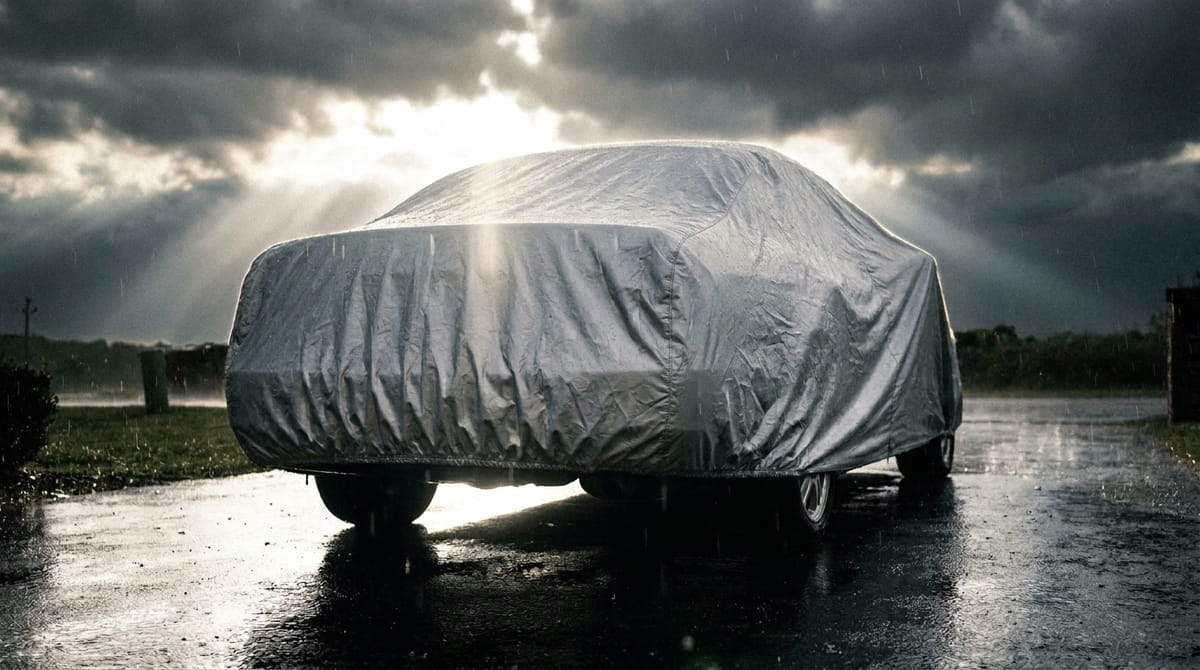 A silver-covered car seen from behind on wet tarmac, rain falling and sun breaking through storm cloud