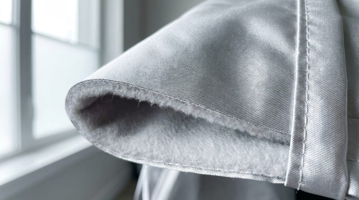 A cover folded back at its edge: a silver woven outer shell over a soft fleece liner, with a stitched binding