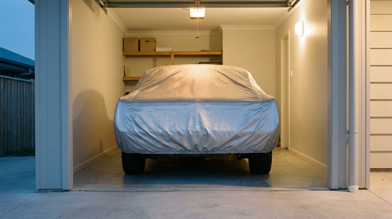 A car under a silver cover seen from behind, parked inside an open single-car garage at dusk, the ceiling light on and storage boxes on the shelves