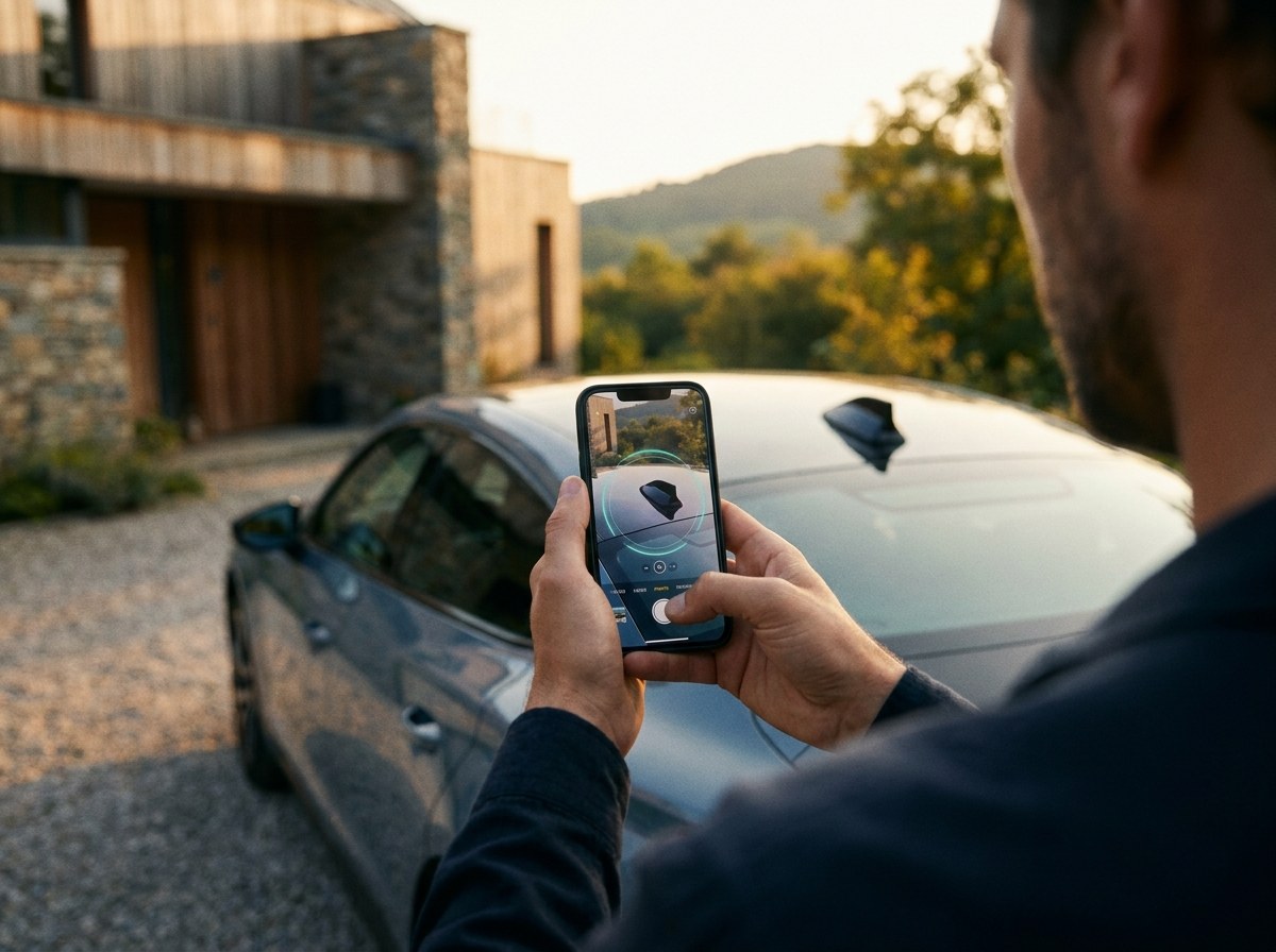 A person holding up a phone to photograph a car's shark-fin antenna, the kind of detail you text in before ordering.