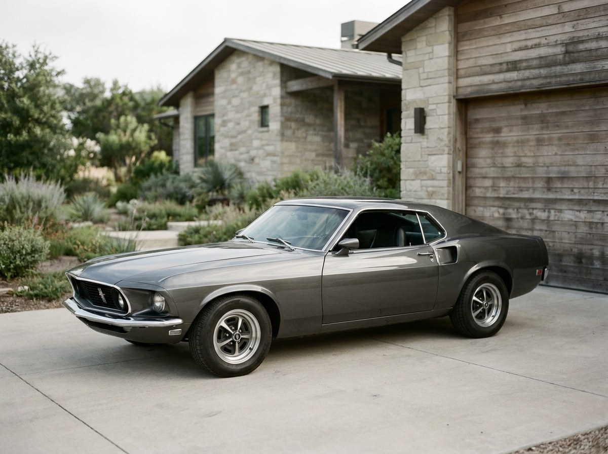 A classic fastback muscle car parked in profile on a driveway, the kind of make and model a cover pattern is matched to.