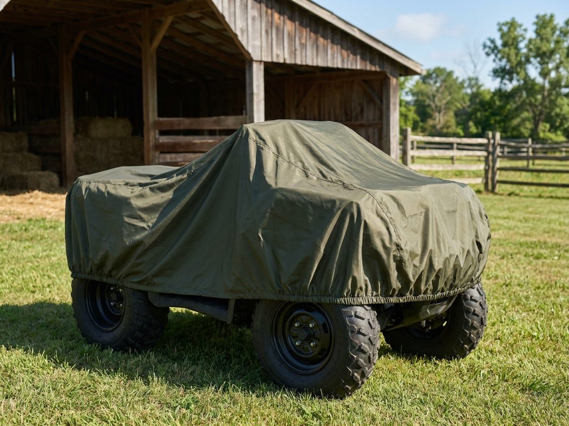 An ATV under an olive green cover on a sunny lawn beside an open wooden barn stacked with hay bales.